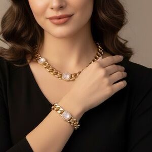 Gold Plated Pink chunky Cuban Chain Necklace SET Stainless Womens Jewelry gift